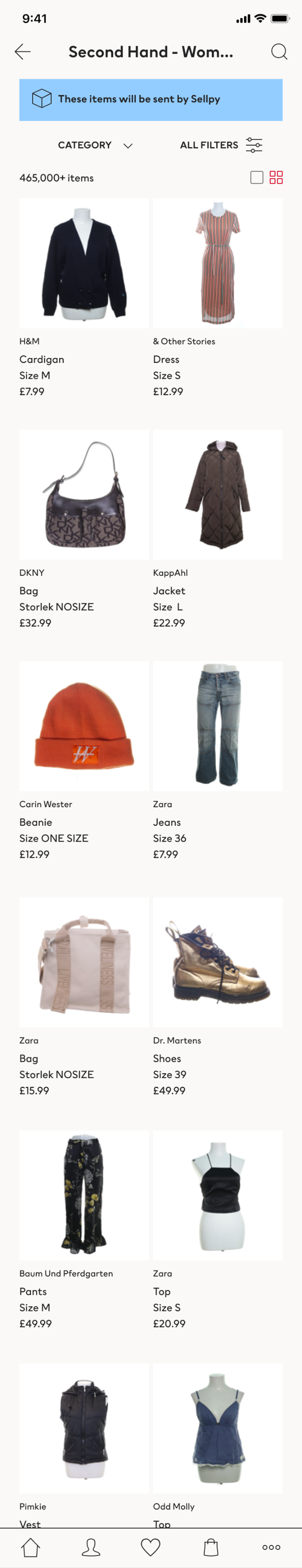 Pre-Loved product listing page